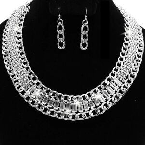 Curb Chain Link Emerald Cut Crystal Tennis Necklace statement Earring Set Silver